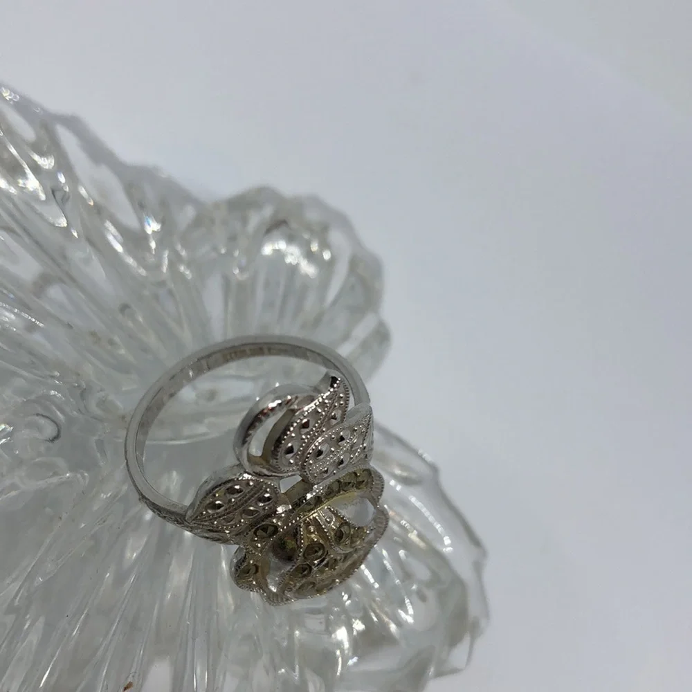 STERLING silver electroplated marcasite flower leaf ring sz 9 dressy costume